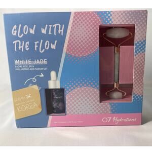 Glow With the Flow White Jade Facial Roller Hyaluronic Acid Serum Set K-Beauty